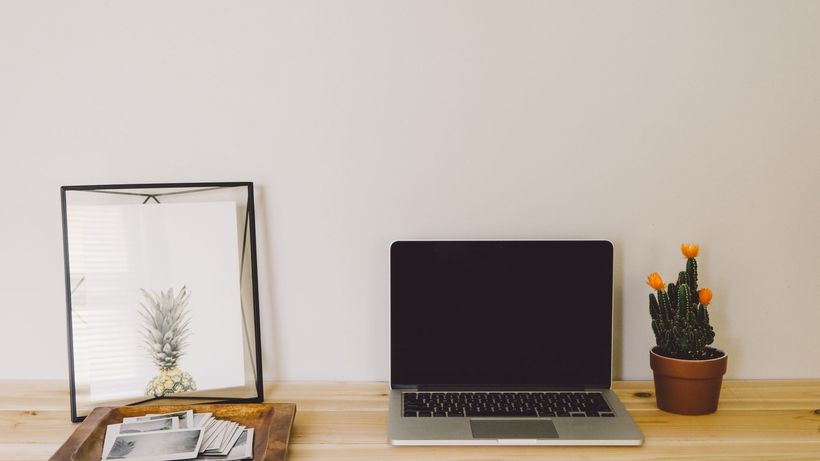 A stylish home office setup featuring a laptop, cactus, and framed pineapple print