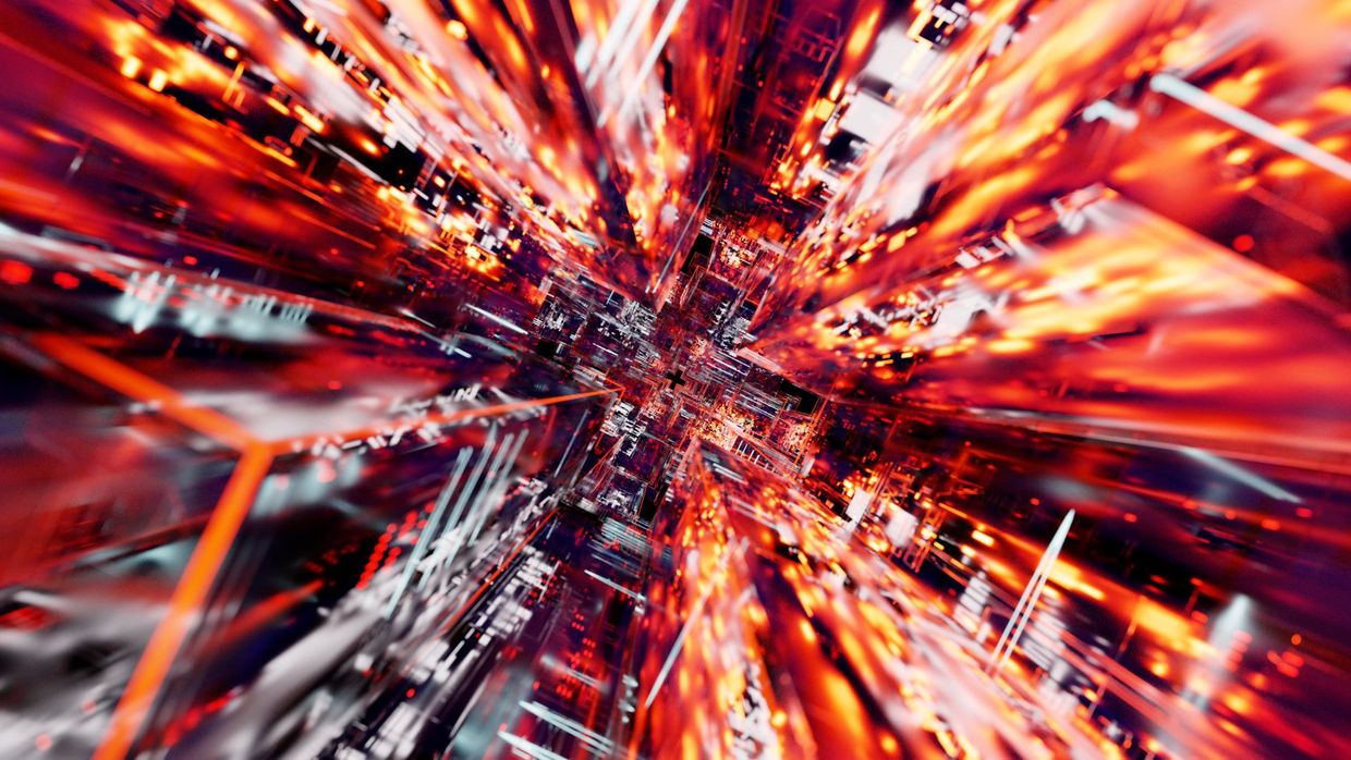 Core Web Vitals: abstract 3D digital light burst with vivid warm tones, suggesting high-speed data flow