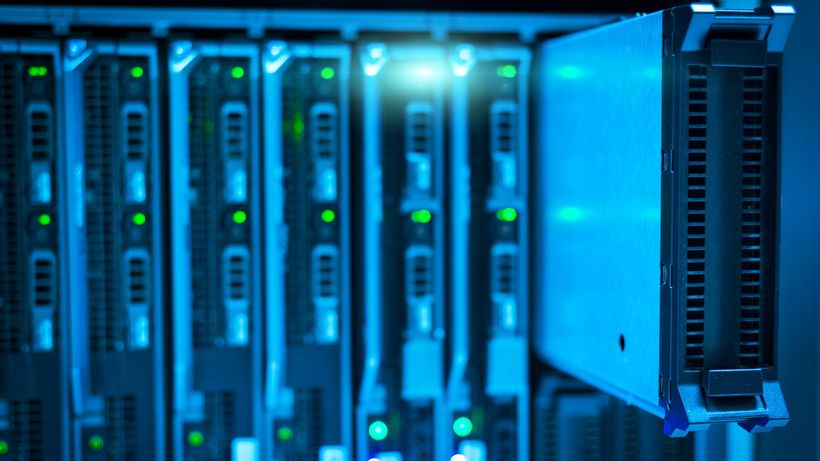 Detailed view of a server rack with a focus on technology and data storage
