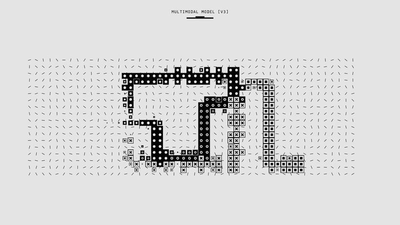 Abstract representation of a multimodal model with vectorized patterns and symbols in monochrome