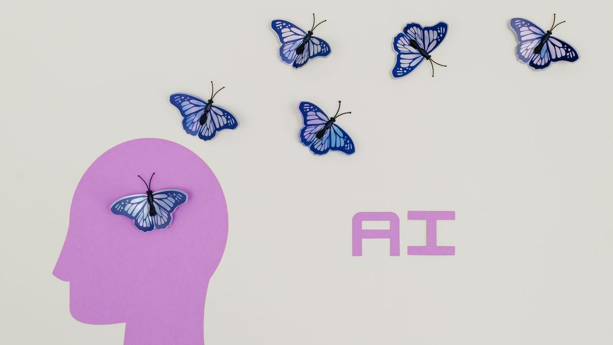 In-demand SEO skills: surreal AI conceptual art featuring butterflies and a human head silhouette in a minimalistic style