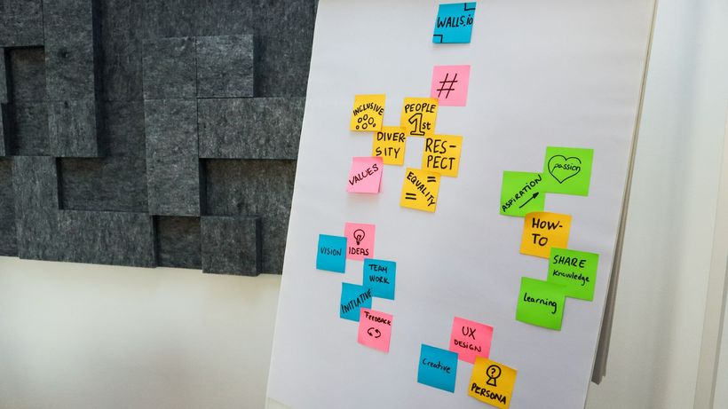 An office whiteboard filled with colorful sticky notes showcasing teamwork and creativity concepts