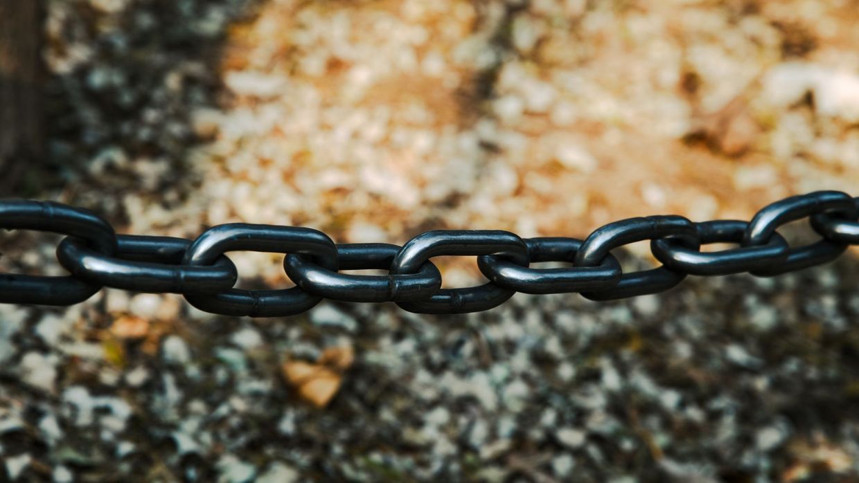 Internal linking: detailed view of a sturdy black metal chain outdoors on a blurred background