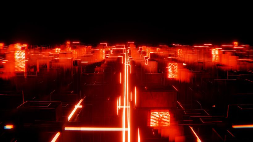 A vibrant abstract cityscape of neon red lights, creating a futuristic urban skyline