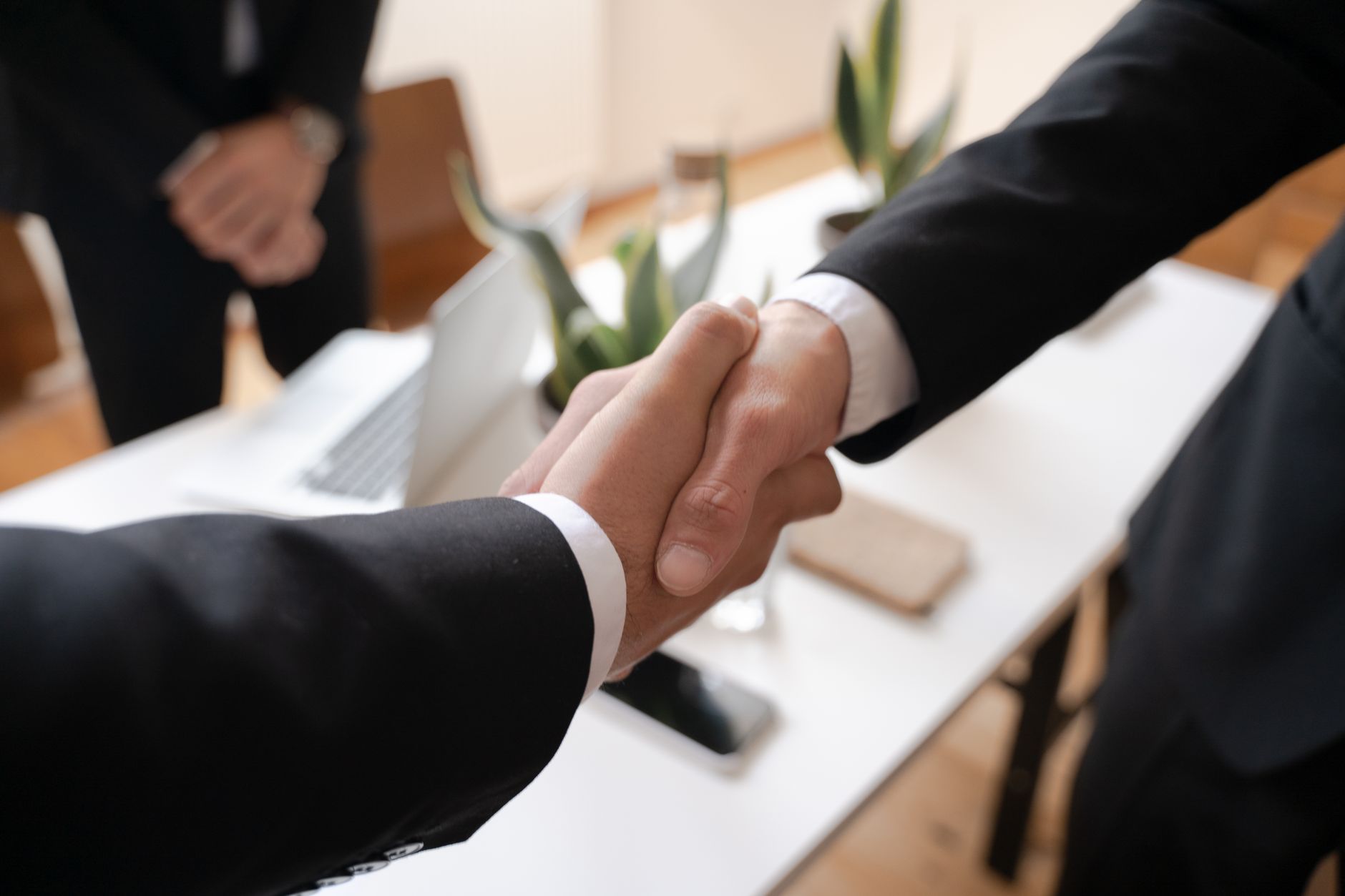 Business handshake in a bright office