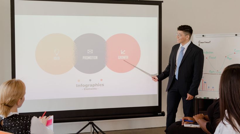 A professional presenting growth strategy with infographics during a business meeting