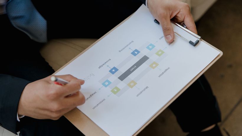 Close-up of a business person reviewing a strategic plan on a clipboard with a pen