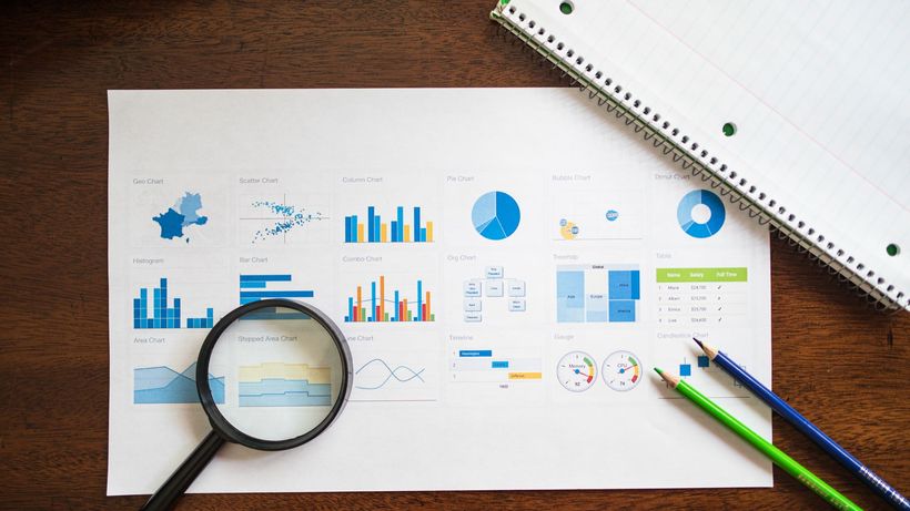 Overhead view of charts and graphs with magnifying glass and stationery on wooden table